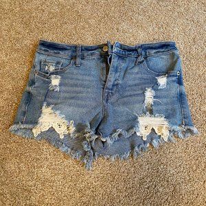 Mossimo High Rise Frayed Distressed Jean Festival Shorts Denim with Lace Detail